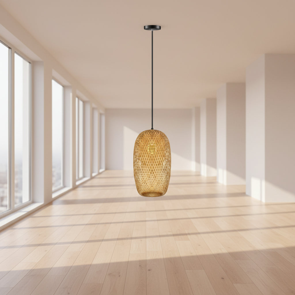 Woven pendant light with dimensions on a white background