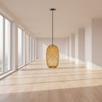 Woven pendant light with dimensions on a white background